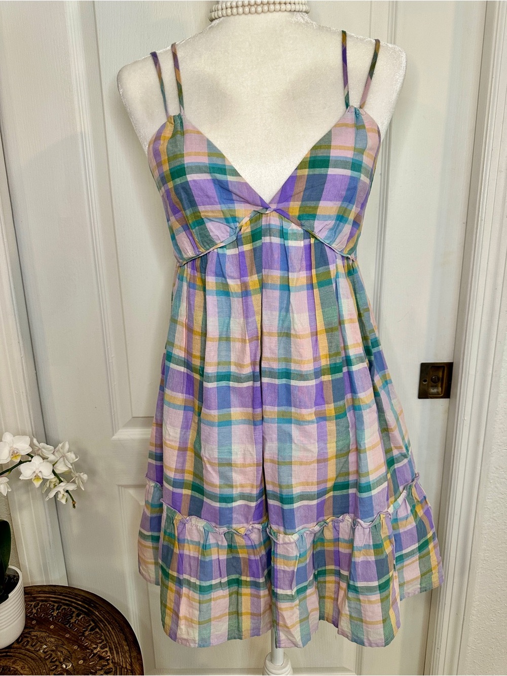 wild fable Pastel Plaid Sundress in Purple, Green, Yellow (S)
